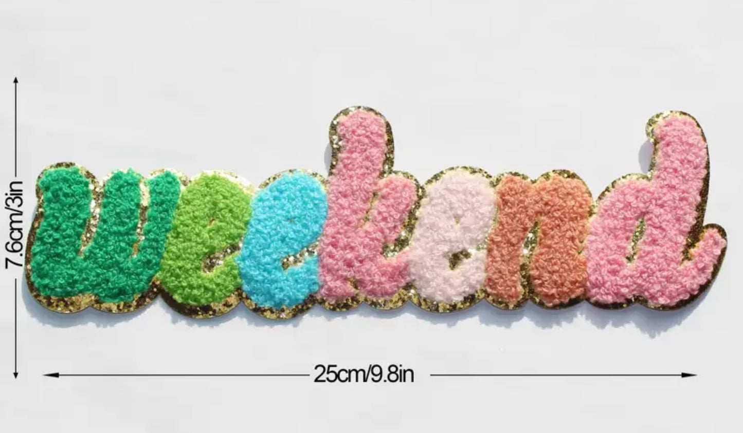 Weekend Chenille Gold Sparkle Embroidered heat transfer | Colourful Weekend Patch