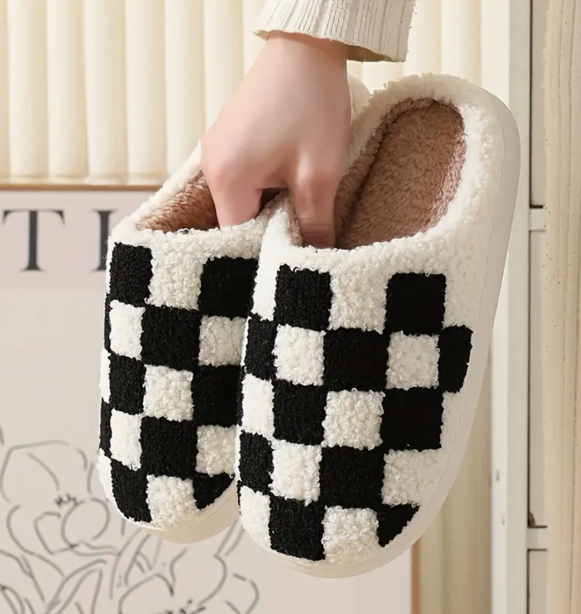 Black and White Checkered Slippers | Checker board Slippers | Trendy Slippers | Fuzzy Slippers | Warm & Cozy checkered Slippers | Plush Slippers