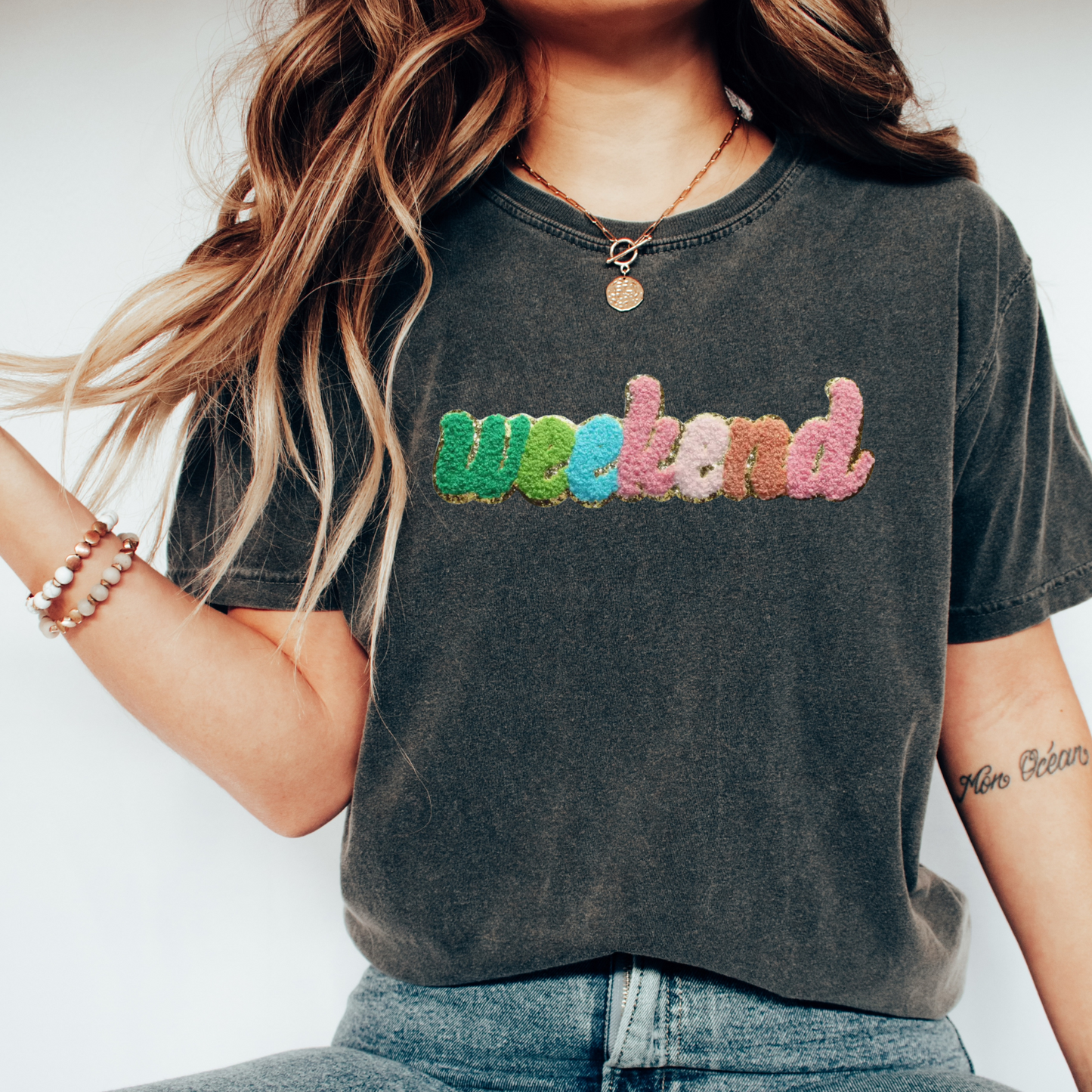 Weekend Chenille Gold Sparkle Embroidered heat transfer | Colourful Weekend Patch