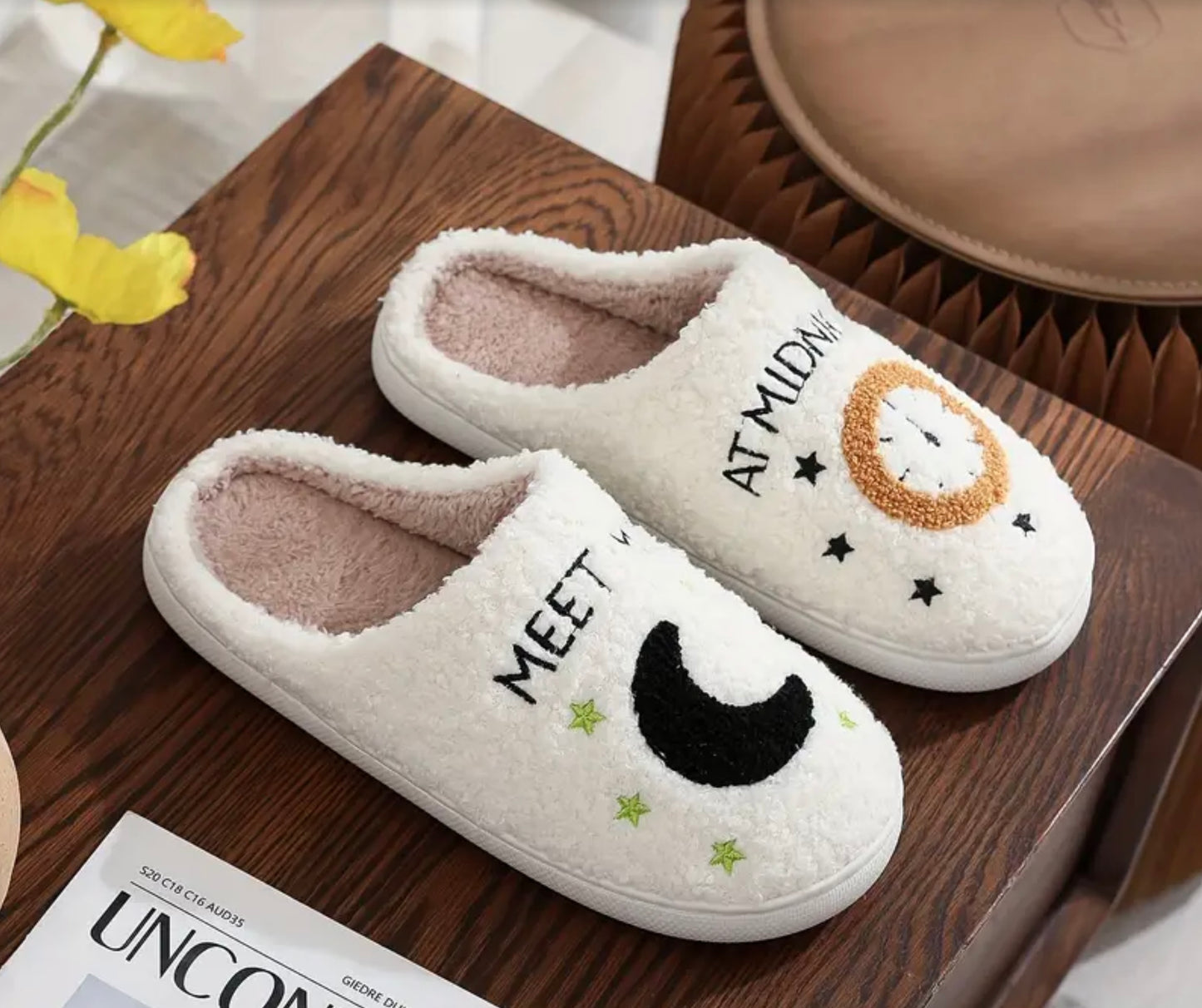 Tay Slippers | Meet Me At Midnight Slippers | Fuzzy Slippers | Warm & Cozy Moon and Clock Slippers | Bedroom Plush Slippers