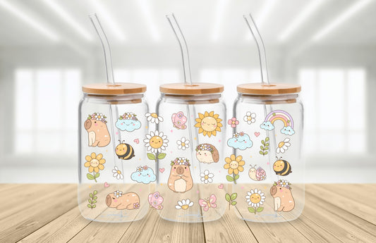 Cute Capybara and hedgehog 16 oz glass