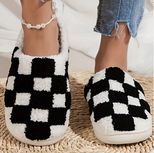 Black and White Checkered Slippers | Checker board Slippers | Trendy Slippers | Fuzzy Slippers | Warm & Cozy checkered Slippers | Plush Slippers