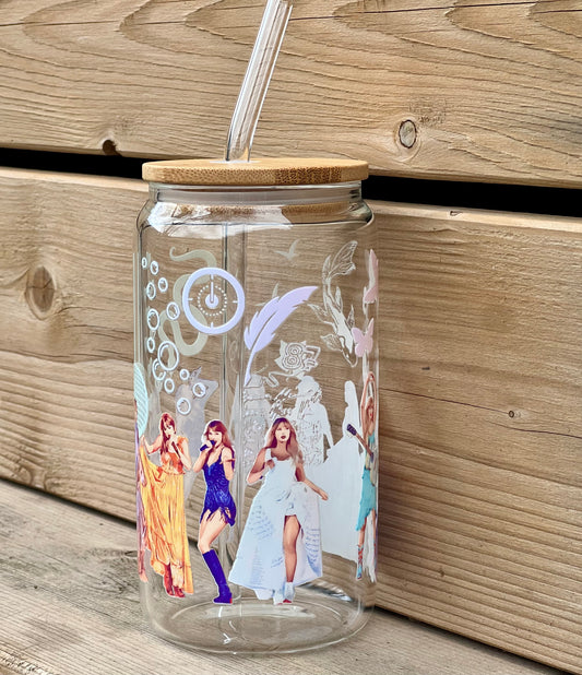 Tay Swift Inspired 16 oz glass: Iconic Eras Tour including The Tourtured Poets Department